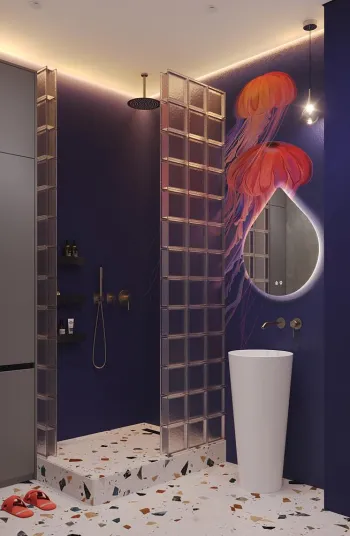 Интерьер ванной с аквариумом в стене  смотреть на Basicdecor