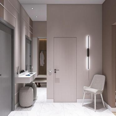 Интерьер прихожей с проходной, зеркалом на двери и с подсветкой  смотреть на Basicdecor