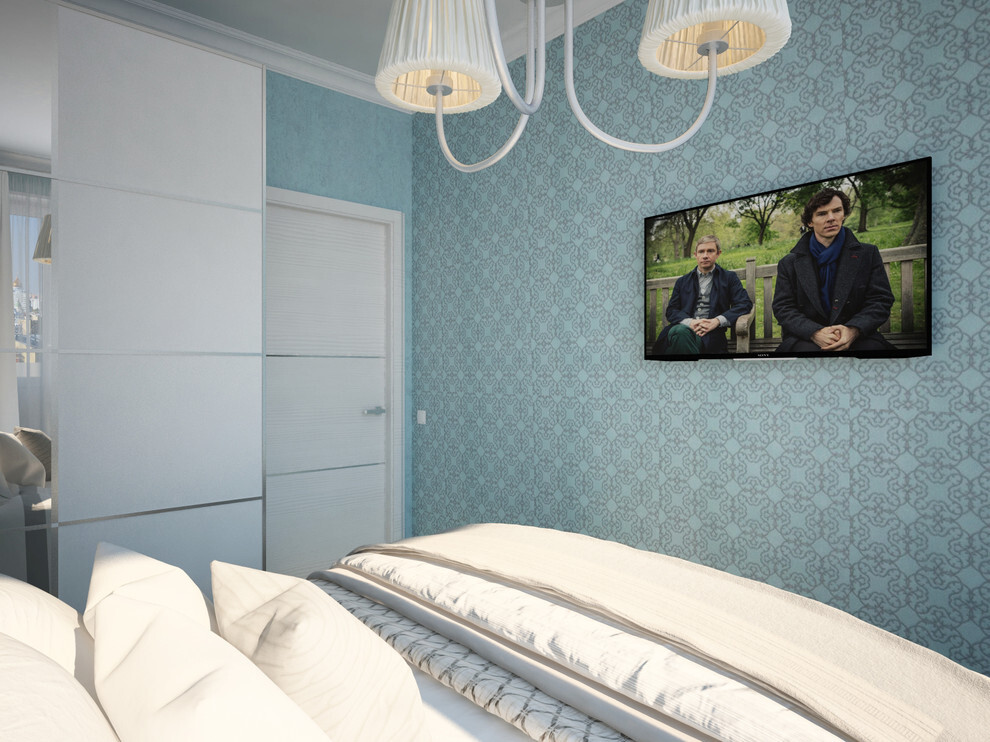 Интерьер спальни с панно за телевизором, стеной с телевизором, телевизором на стене и керамогранитом на стену с телевизором в современном стиле