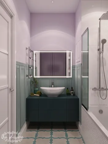 Интерьер ванной с зеркалом на двери в неоклассике смотреть на Basicdecor