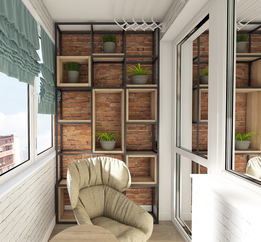 Интерьер балкона с балконом и панорамными окнами в ретро