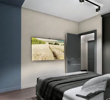 Интерьер спальни с телевизором на стене  смотреть на Basicdecor
