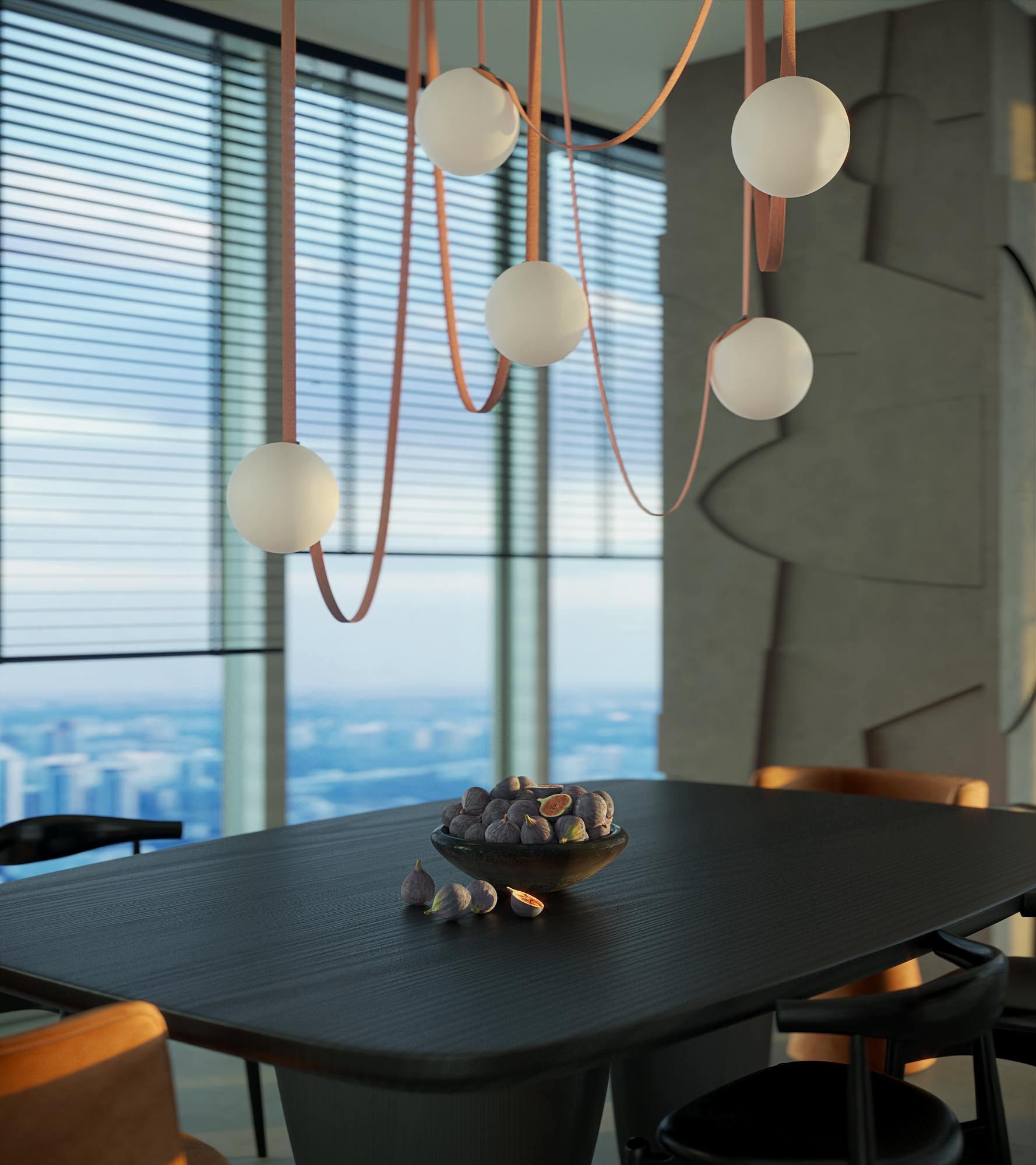 Интерьер столовой с подсветкой настенной и подсветкой светодиодной в современном стиле