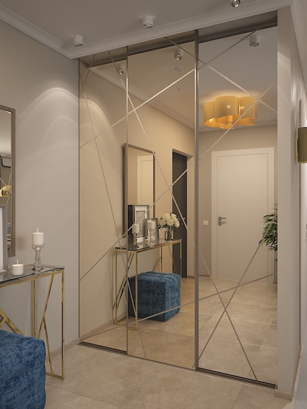 Интерьер ванной с зеркалом в нише, проходной и зеркалом на двери в современном стиле