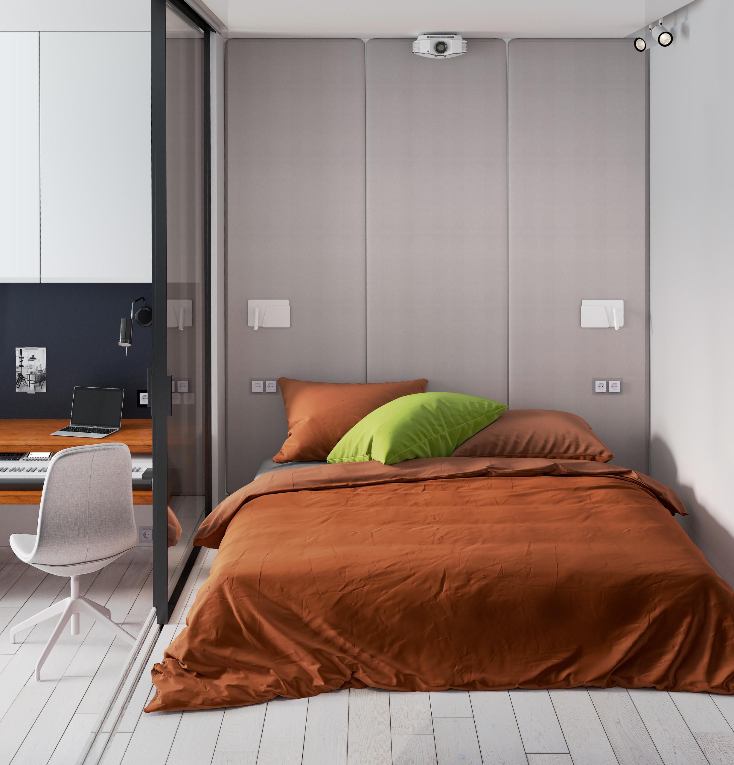 Интерьер спальни c рабочим местом и кроватью в нише в современном стиле