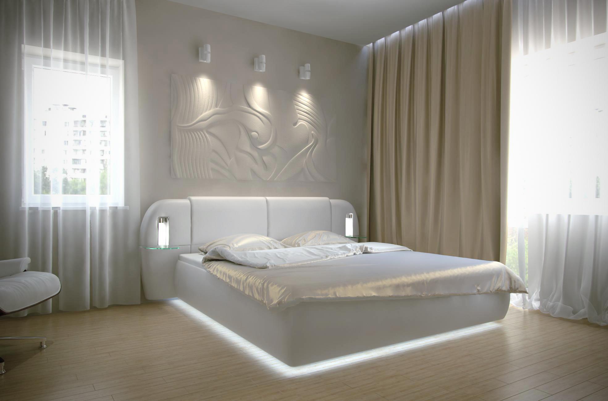 Интерьер спальни с нишей с подсветкой, световыми линиями, рейками с подсветкой, бра над кроватью, подсветкой настенной, подсветкой светодиодной, светильниками над кроватью и с подсветкой