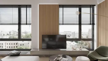 Интерьер гостиной с жалюзи и дверными жалюзи  смотреть на Basicdecor