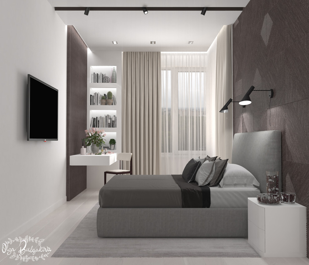Интерьер гостиной с бра над кроватью и светильниками над кроватью в современном стиле
