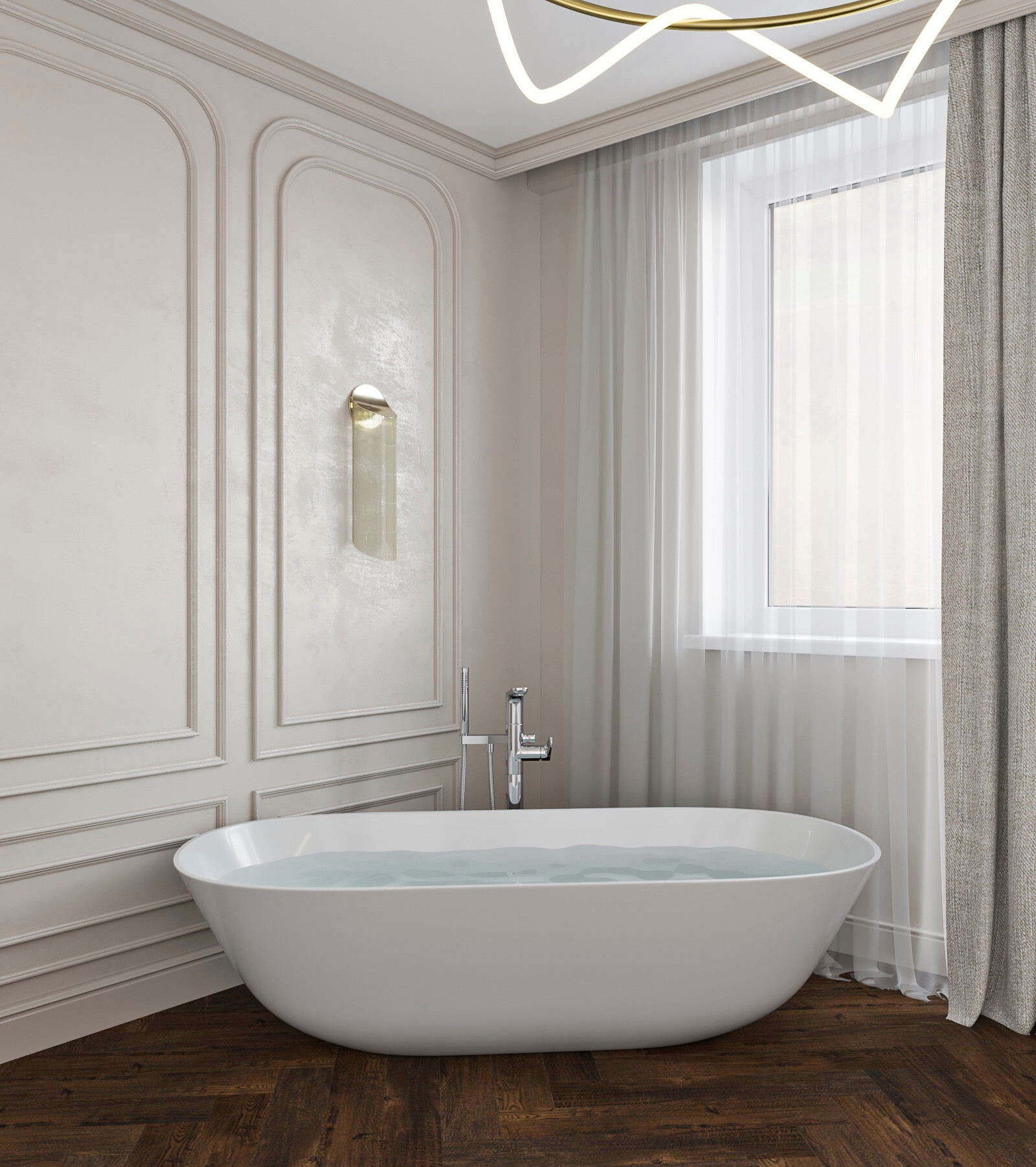 Интерьер ванной с рейками с подсветкой, подсветкой настенной, подсветкой светодиодной, светильниками над кроватью и с подсветкой в современном стиле