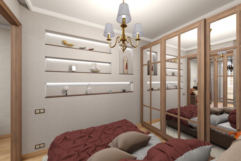 Интерьер спальни с нишей с подсветкой, сауной, рейками с подсветкой, подсветкой настенной, подсветкой светодиодной, светильниками над кроватью и с подсветкой