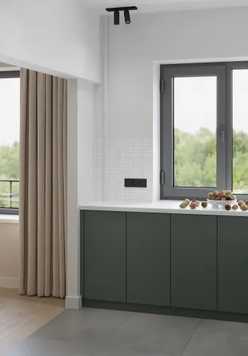 Интерьер кухни с окном, жалюзи и дверными жалюзи  смотреть на Basicdecor