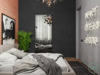 Интерьер спальни с зеркалом на двери в стиле лофт смотреть на Basicdecor