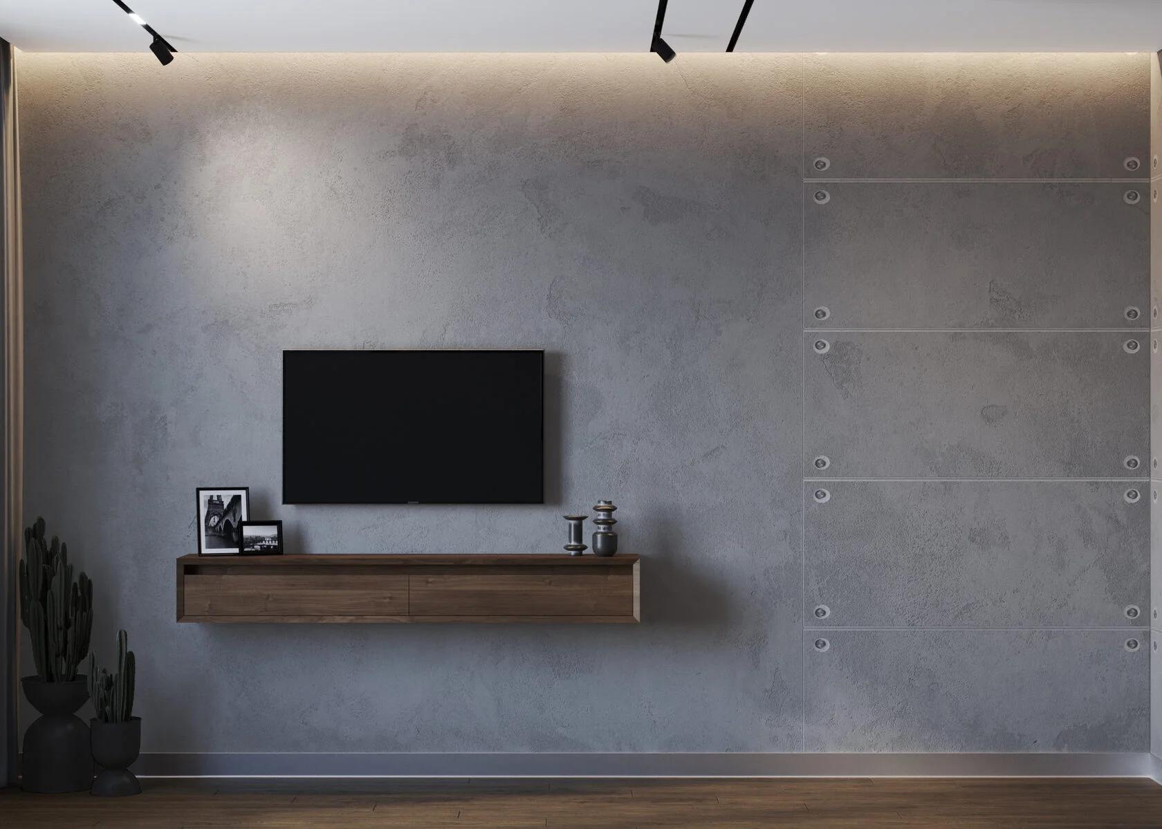 Интерьер cтеной с телевизором, телевизором на рейках, телевизором на стене, керамогранитом на стену с телевизором и подсветкой настенной