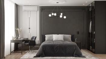Интерьер спальни cветовыми линиями, подсветкой настенной, подсветкой светодиодной, светильниками над кроватью и с подсветкой в неоклассике и в стиле лофт