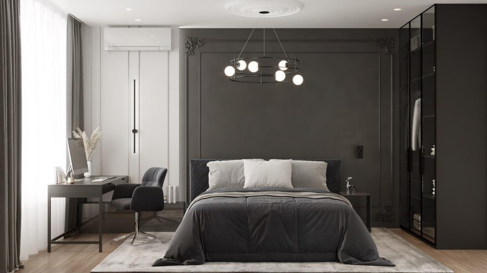Интерьер спальни с подсветкой настенной, подсветкой светодиодной, светильниками над кроватью и с подсветкой в неоклассике и в стиле лофт