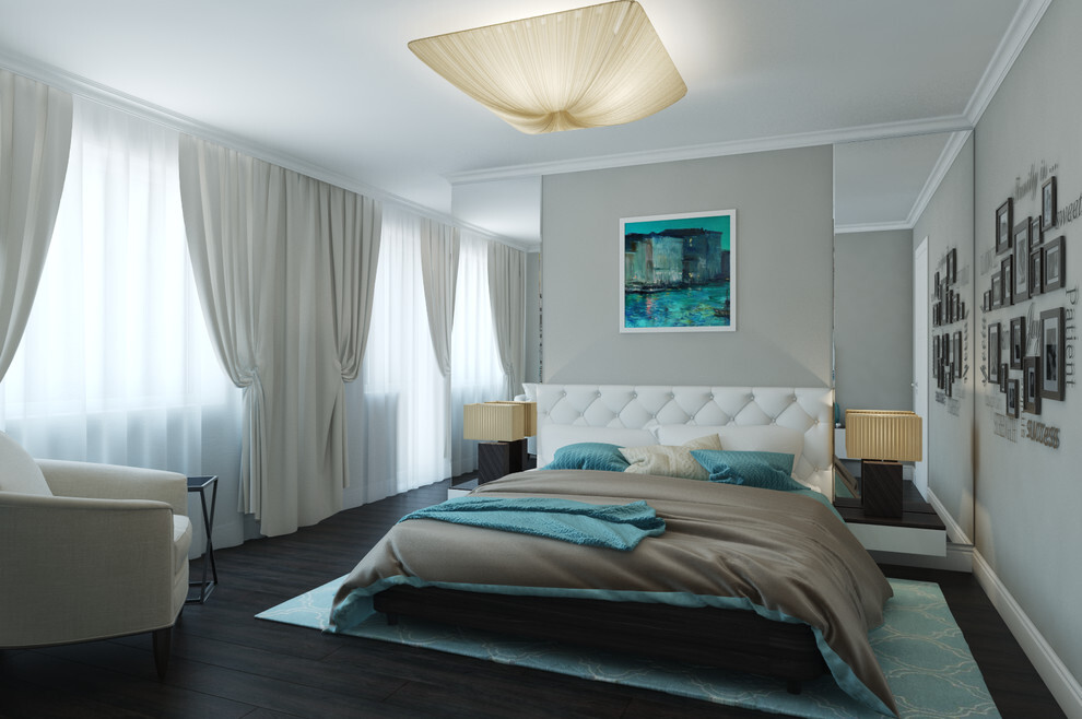 Интерьер спальни cветовыми линиями, подсветкой светодиодной и светильниками над кроватью в неоклассике
