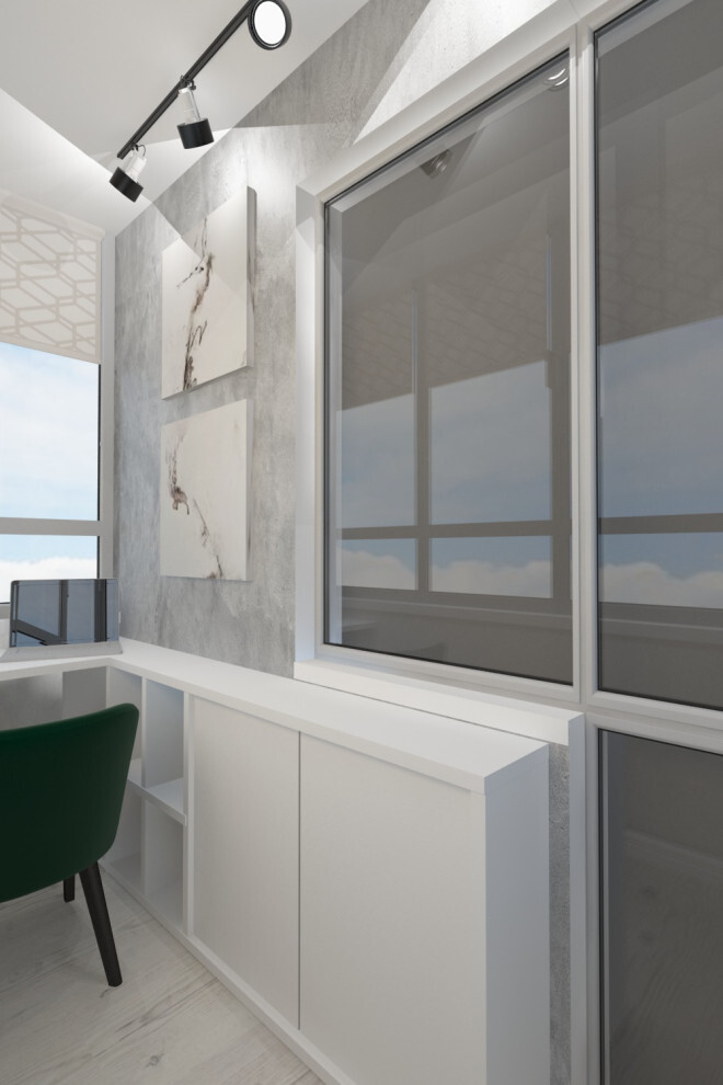 Интерьер кухни с окном и вертикальными жалюзи в современном стиле