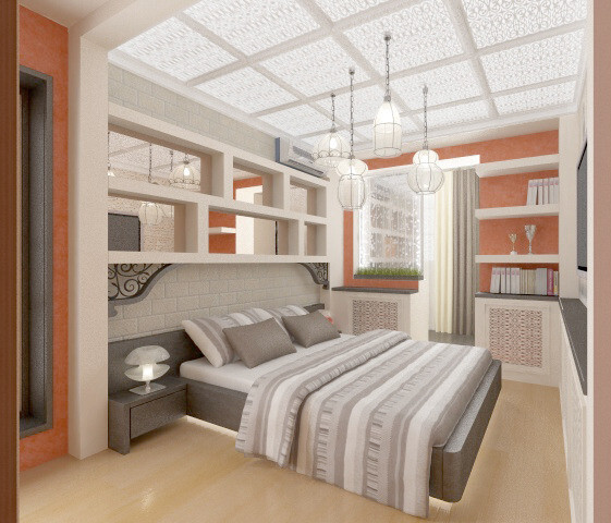 Интерьер спальни с кроватью в нише в стиле лофт и в восточном стиле