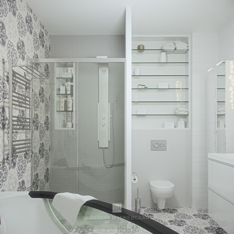 Интерьер ванной с душевой из плитки в современном стиле, в стиле лофт и в стиле кантри