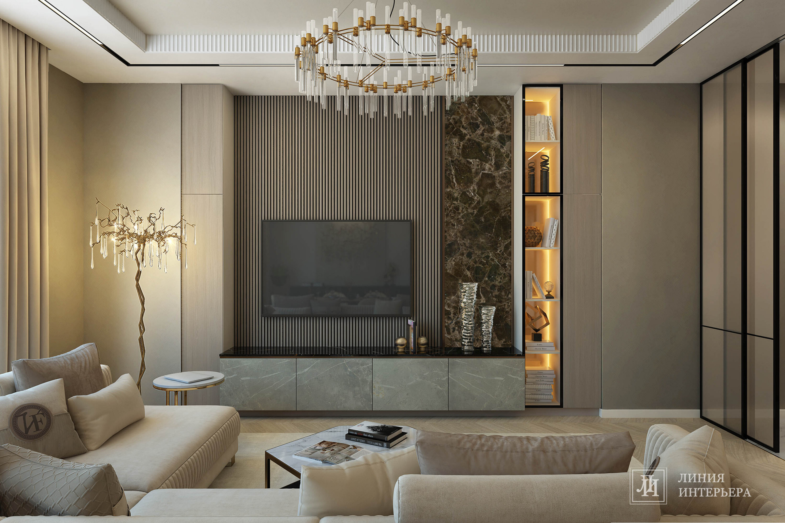 Интерьер гостиной с панно за телевизором, световыми линиями и подсветкой настенной в современном стиле