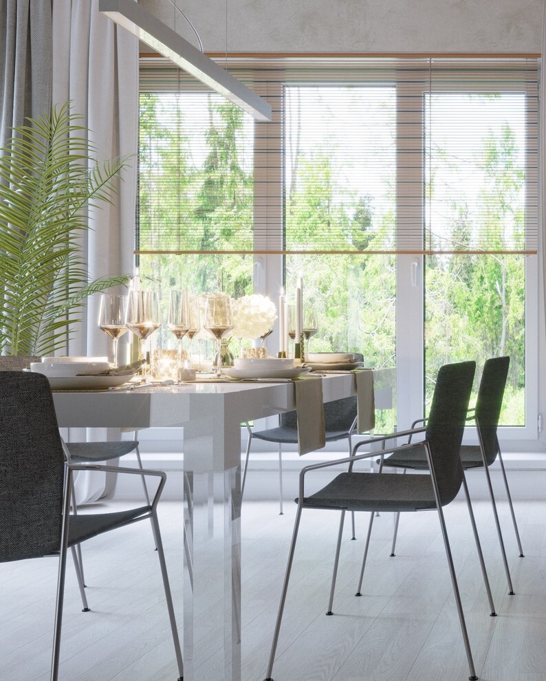 Интерьер столовой с жалюзи и вертикальными жалюзи в современном стиле