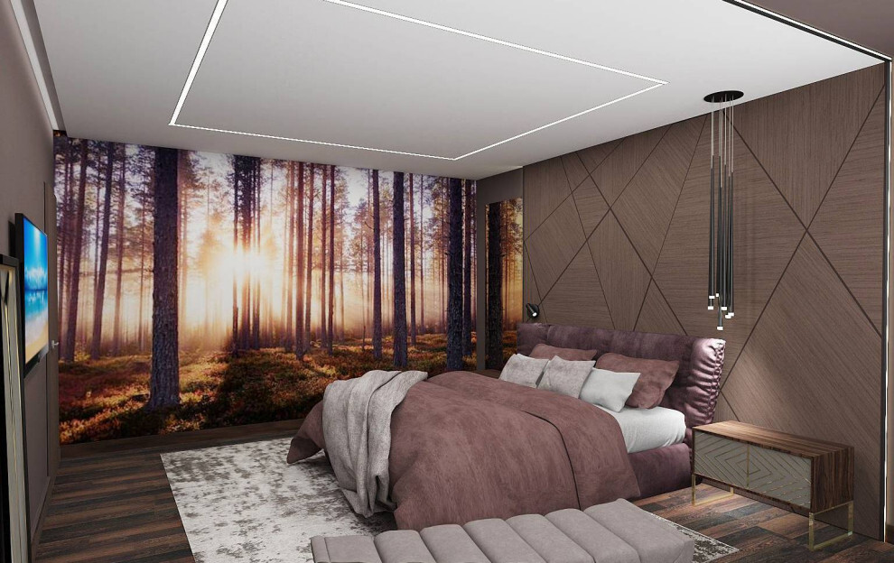 Интерьер спальни с подсветкой настенной, подсветкой светодиодной, светильниками над кроватью и с подсветкой в современном стиле и в стиле лофт