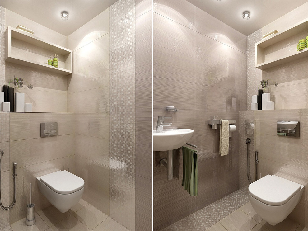Интерьер ванной с душевой из плитки и нишей из плитки в современном стиле