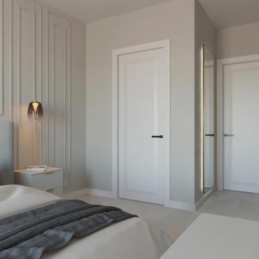 Интерьер спальни с нишей с подсветкой и зеркалом на двери  смотреть на Basicdecor