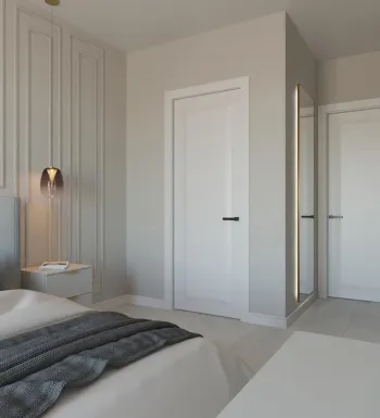 Интерьер спальни с нишей с подсветкой и зеркалом на двери  смотреть на Basicdecor