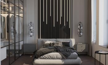 Интерьер спальни cветовыми линиями, вертикальными жалюзи, рейками с подсветкой, подсветкой настенной, подсветкой светодиодной, светильниками над кроватью и с подсветкой