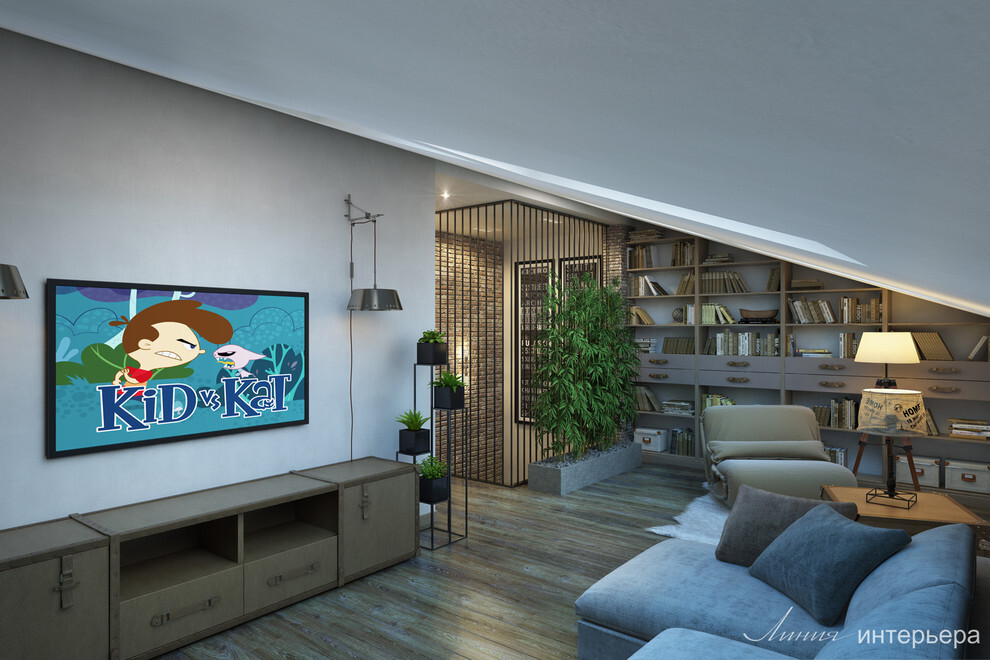 Интерьер гостиной cтеной с телевизором, телевизором на стене и керамогранитом на стену с телевизором в стиле лофт