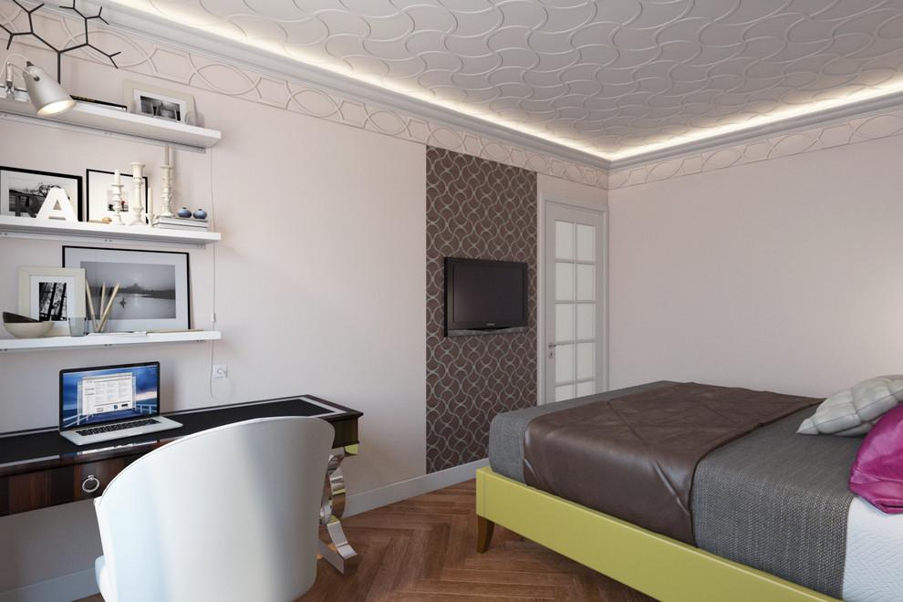 Интерьер спальни c рабочим местом, подсветкой настенной, подсветкой светодиодной и с подсветкой в современном стиле