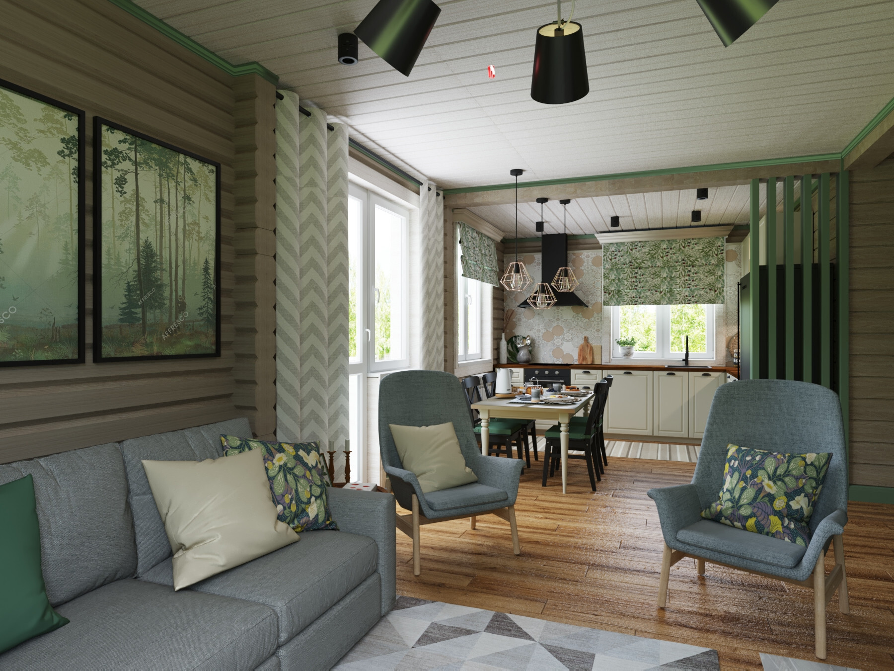 Интерьер гостиной с в деревянном доме и сауной в скандинавском стиле и в стиле кантри