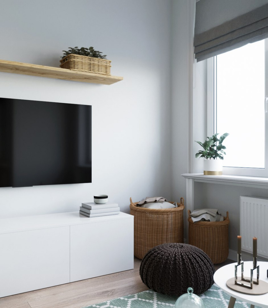 Интерьер с полками над телевизором, стеной с телевизором и телевизором на рейках в скандинавском стиле