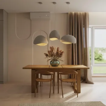Интерьер столовой cветильниками над столом  смотреть на Basicdecor