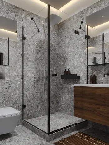 Интерьер ванной с душевой из плитки  смотреть на Basicdecor