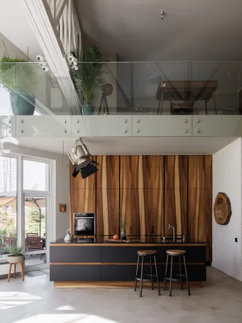 Интерьер кухни с балконом и с антресолью  смотреть на Basicdecor