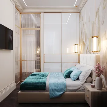 Интерьер спальни cветильниками над кроватью и с подсветкой  смотреть на Basicdecor