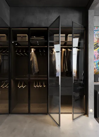 Интерьер гардеробной с гардеробной, кладовкой, шкафом у кровати и хранением верхней одежды  смотреть на Basicdecor