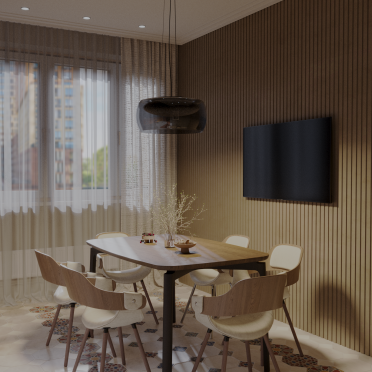 Интерьер столовой с телевизором на стене  смотреть на Basicdecor