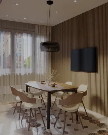 Интерьер столовой с телевизором на стене  смотреть на Basicdecor