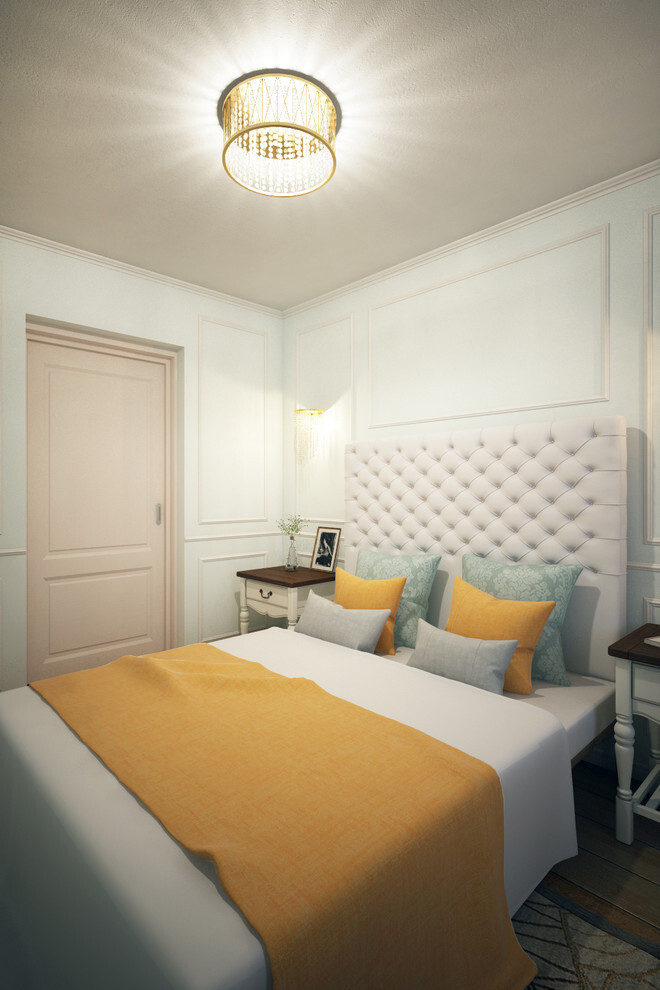 Интерьер спальни с подсветкой светодиодной и светильниками над кроватью в классическом стиле