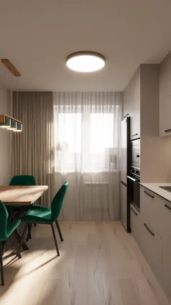 Интерьер кухни cветильниками над столом  смотреть на Basicdecor