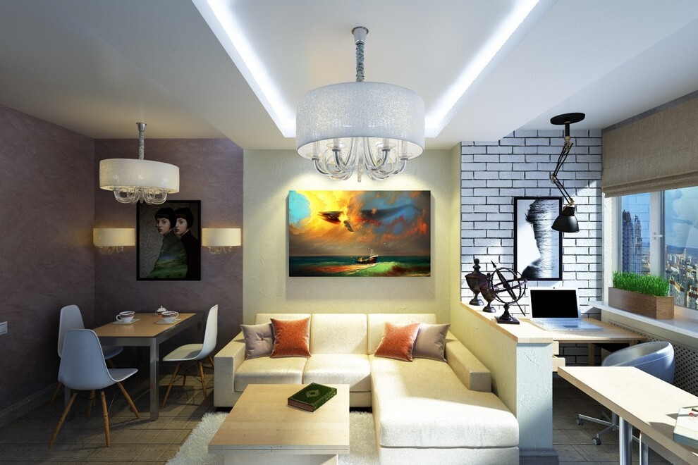 Интерьер гостиной c рабочим местом, световыми линиями, подсветкой настенной и подсветкой светодиодной в современном стиле