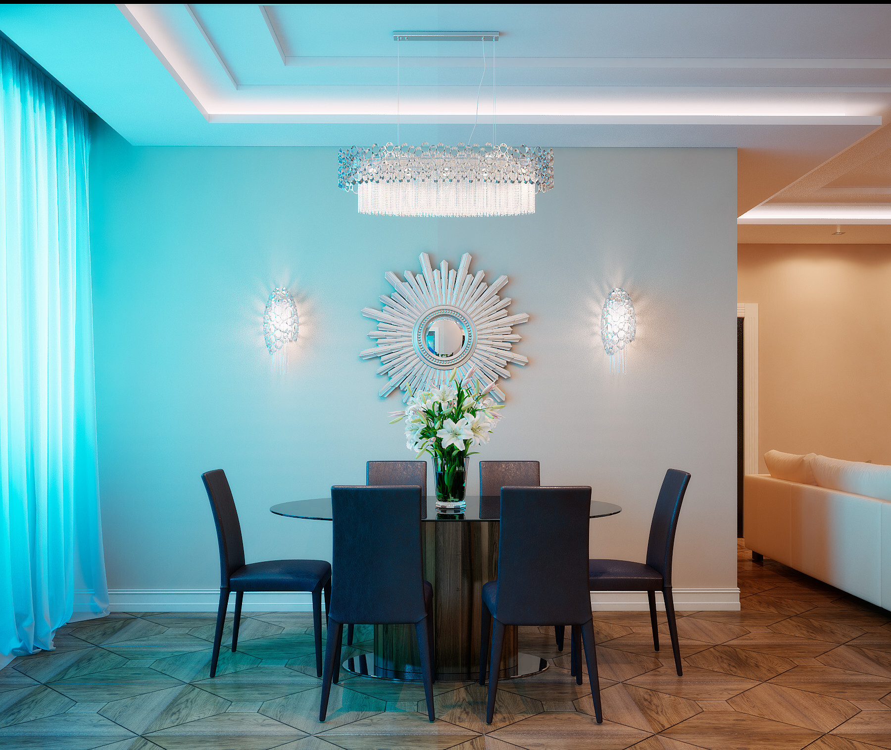 Интерьер столовой cветовыми линиями, рейками с подсветкой, подсветкой настенной, подсветкой светодиодной и с подсветкой