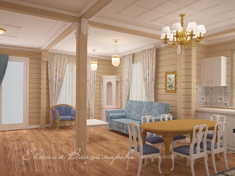 Интерьер столовой с в деревянном доме и сауной в стиле кантри и в стиле фьюжн
