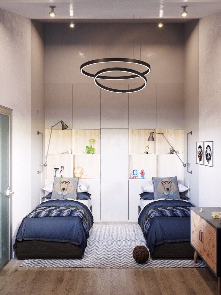Интерьер детской с подсветкой настенной, подсветкой светодиодной и светильниками над кроватью