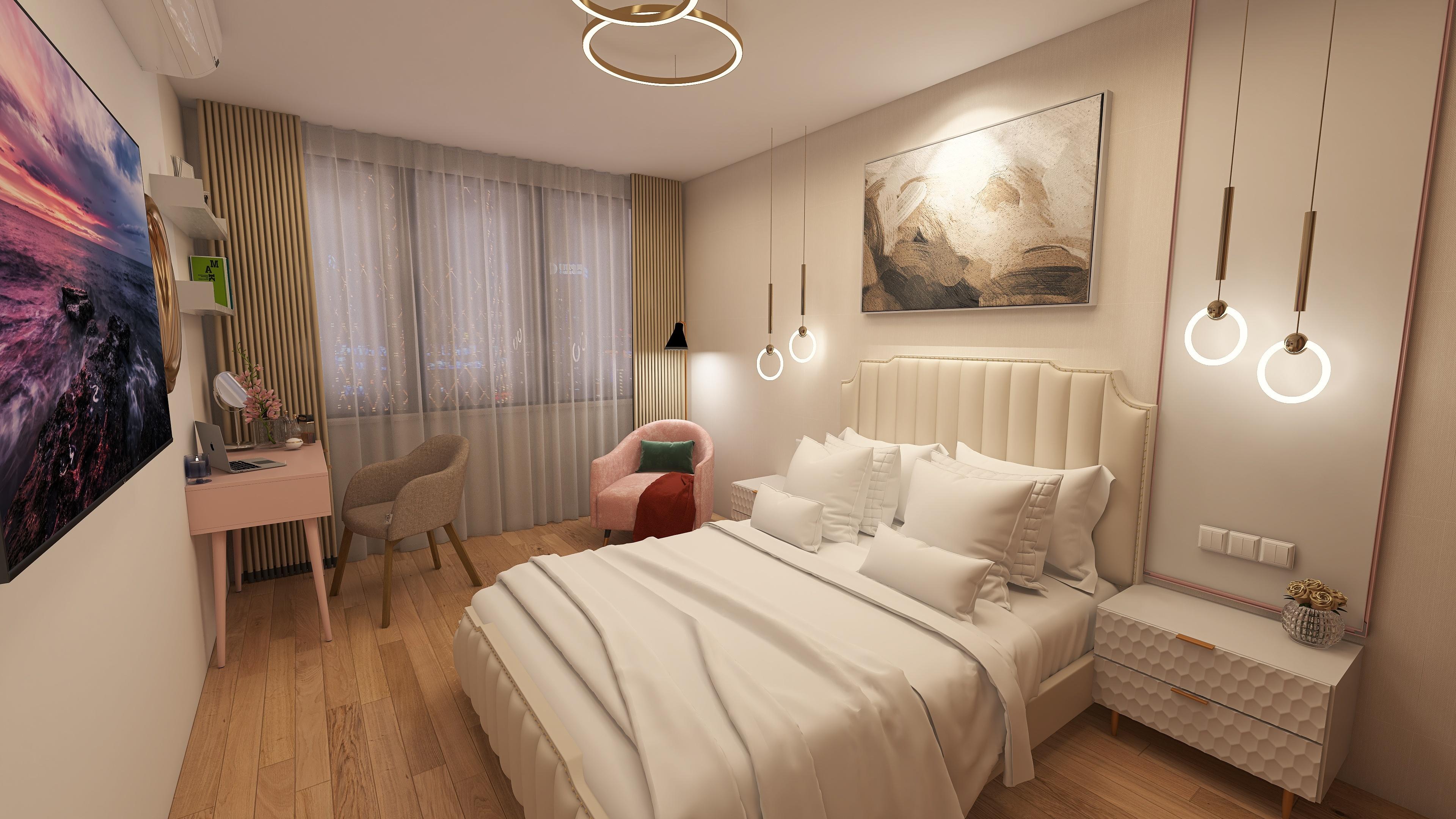 Интерьер спальни с подсветкой настенной, подсветкой светодиодной и светильниками над кроватью