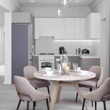 Интерьер кухни cветильниками над столом  смотреть на Basicdecor