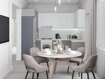 Интерьер кухни cветильниками над столом  смотреть на Basicdecor